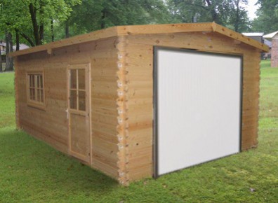 Abri garage en bois avec une porte métal qui se bascule